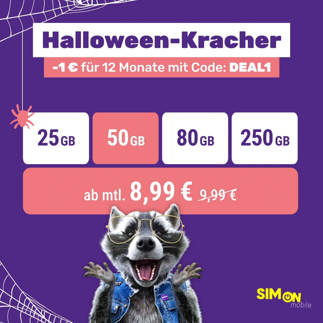 SIMon mobile Halloween Deal: 50 GB ab 8,99 € im Vodafone-Netz – monatlich kündbar