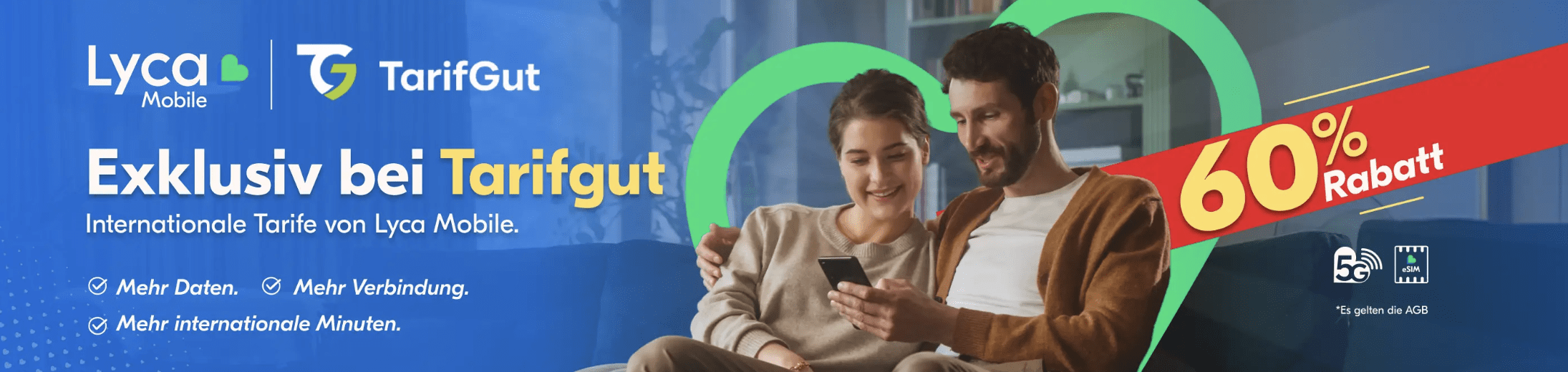 Exklusiv bei TarifGut – Internationale Tarife von Lyca Mobile · 60 % Rabatt