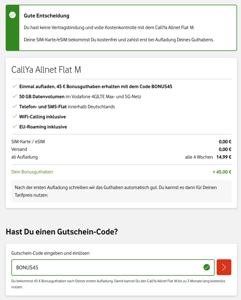 CallYa Allnet Flat M Bonuscode eingabe