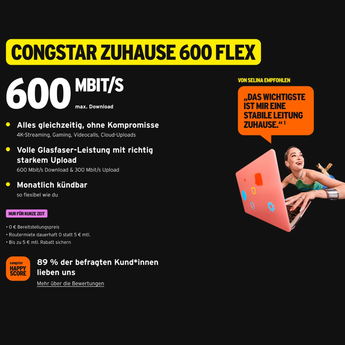 congstar Zuhause 600 Flex: 600 Mbit/s Glasfaser für 50€ mtl. – monatlich kündbar & 0€ Startkosten